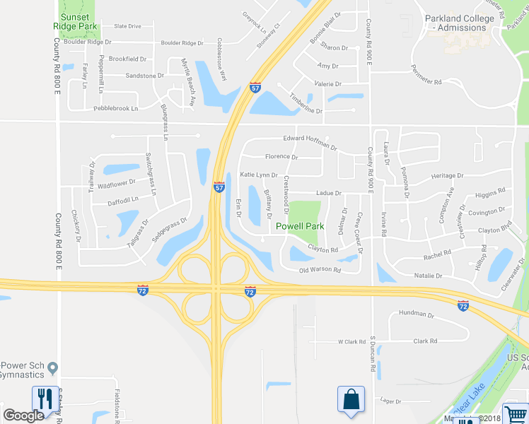 map of restaurants, bars, coffee shops, grocery stores, and more near 611 Brittany Drive in Champaign