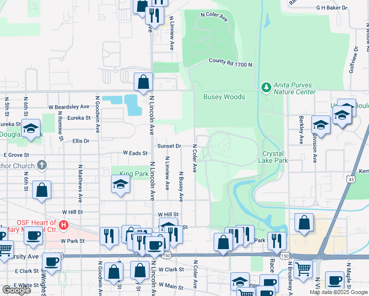 map of restaurants, bars, coffee shops, grocery stores, and more near 1210 North Busey Avenue in Urbana