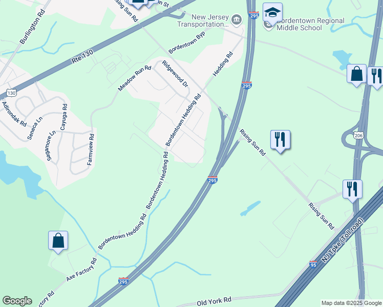 map of restaurants, bars, coffee shops, grocery stores, and more near 301 Bordentown Hedding Road in Bordentown