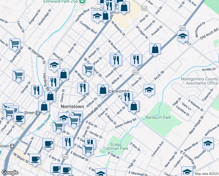 map of restaurants, bars, coffee shops, grocery stores, and more near 1350 Willow Street in Norristown
