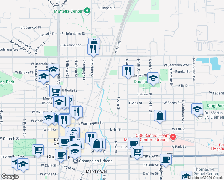 map of restaurants, bars, coffee shops, grocery stores, and more near 202 Foxwell Ct in Champaign