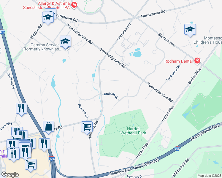 map of restaurants, bars, coffee shops, grocery stores, and more near 307 Anthony Dr in Plymouth Meeting