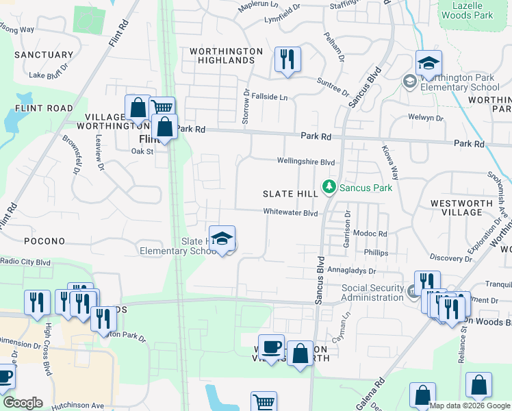 map of restaurants, bars, coffee shops, grocery stores, and more near 7773 Pinney Hill Court in Columbus