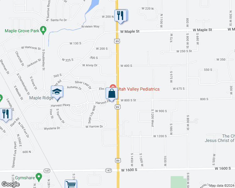 map of restaurants, bars, coffee shops, grocery stores, and more near 724 South 1600 West in Mapleton