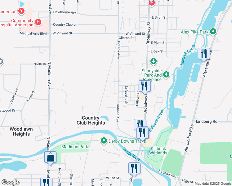 map of restaurants, bars, coffee shops, grocery stores, and more near 814 Hickory Street in Anderson
