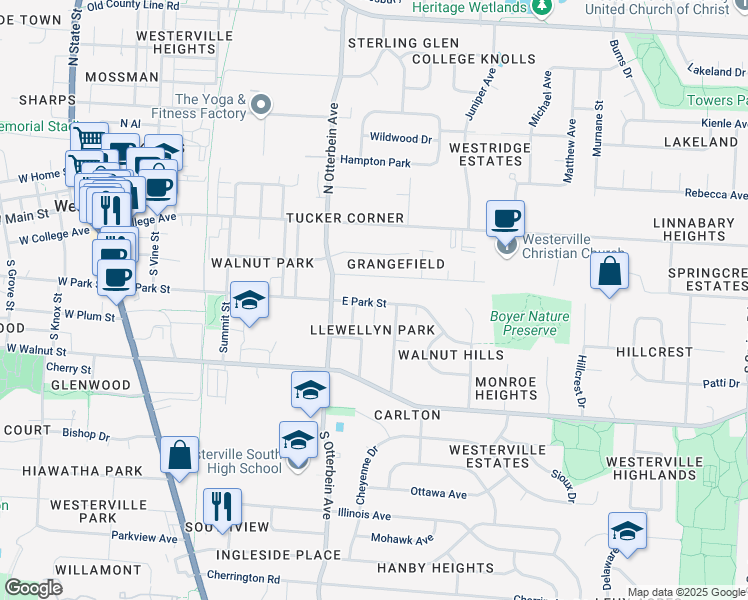 map of restaurants, bars, coffee shops, grocery stores, and more near 300 East Park Street in Westerville