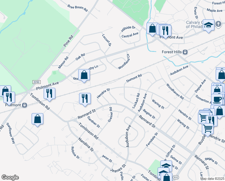 map of restaurants, bars, coffee shops, grocery stores, and more near 11153 Hendrix Street in Philadelphia