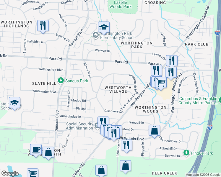 map of restaurants, bars, coffee shops, grocery stores, and more near 1086 Arapaho Avenue in Columbus
