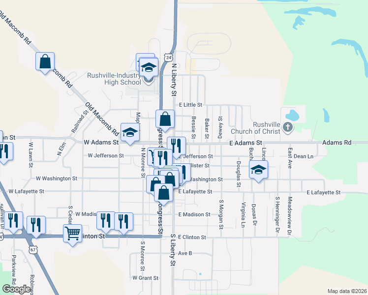 map of restaurants, bars, coffee shops, grocery stores, and more near South Bessie Street in Rushville