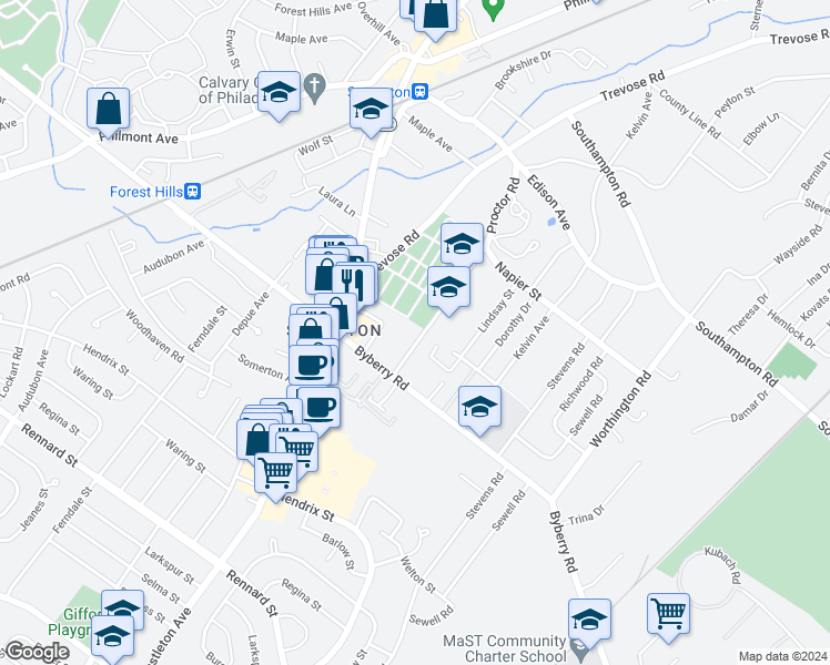 map of restaurants, bars, coffee shops, grocery stores, and more near 13070 Proctor Road in Philadelphia
