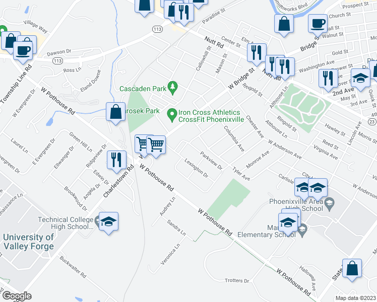 map of restaurants, bars, coffee shops, grocery stores, and more near 101 Lexington Drive in Phoenixville
