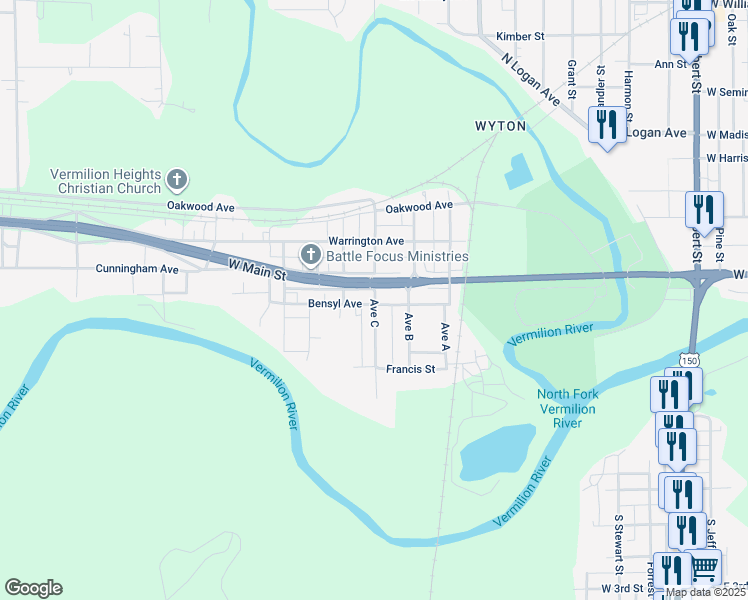 map of restaurants, bars, coffee shops, grocery stores, and more near 307 Bensyl Avenue in Danville