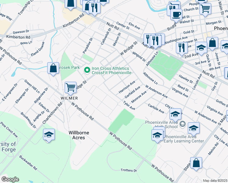 map of restaurants, bars, coffee shops, grocery stores, and more near 1266 Tyler Avenue in Phoenixville