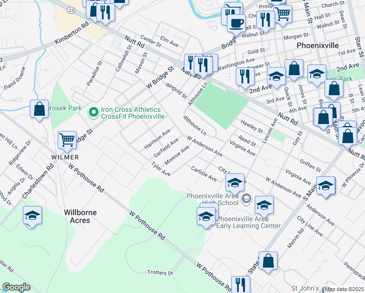 map of restaurants, bars, coffee shops, grocery stores, and more near 1206 Monroe Avenue in Phoenixville