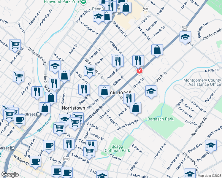 map of restaurants, bars, coffee shops, grocery stores, and more near 1350 Willow Street in Norristown