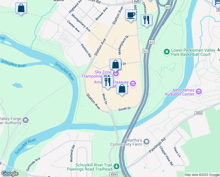 map of restaurants, bars, coffee shops, grocery stores, and more near 2200 West Drive in Phoenixville