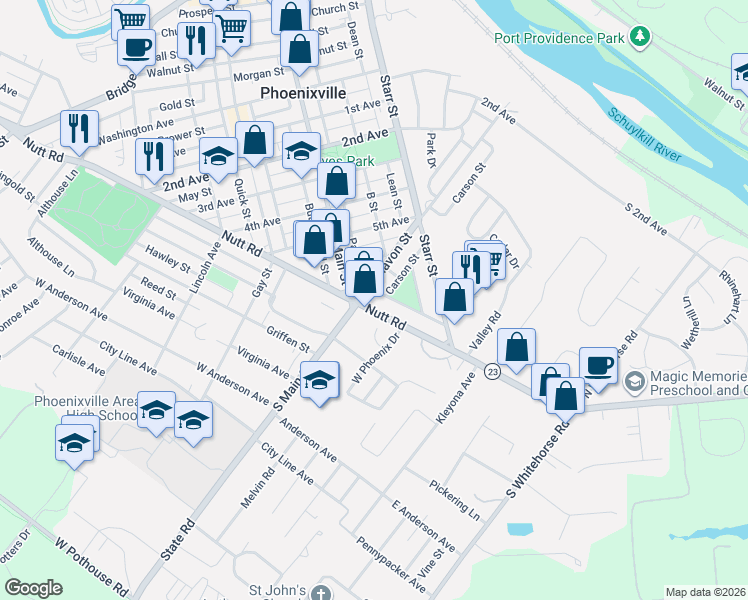map of restaurants, bars, coffee shops, grocery stores, and more near 79 Nutt Road in Phoenixville
