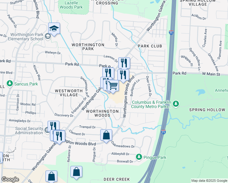 map of restaurants, bars, coffee shops, grocery stores, and more near 1448-1466 Worthington Centre Drive in Columbus