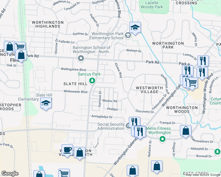map of restaurants, bars, coffee shops, grocery stores, and more near 7738 Flynnway Drive in Columbus