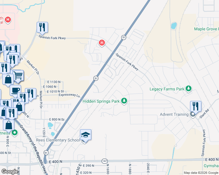 map of restaurants, bars, coffee shops, grocery stores, and more near 1668 E Ridgefield Rd in Spanish Fork
