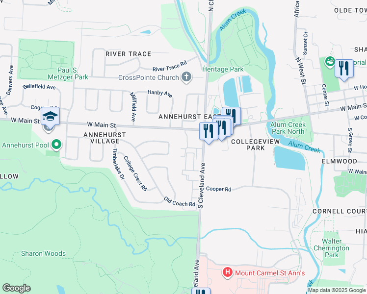 map of restaurants, bars, coffee shops, grocery stores, and more near 606 Virginia Lane in Westerville