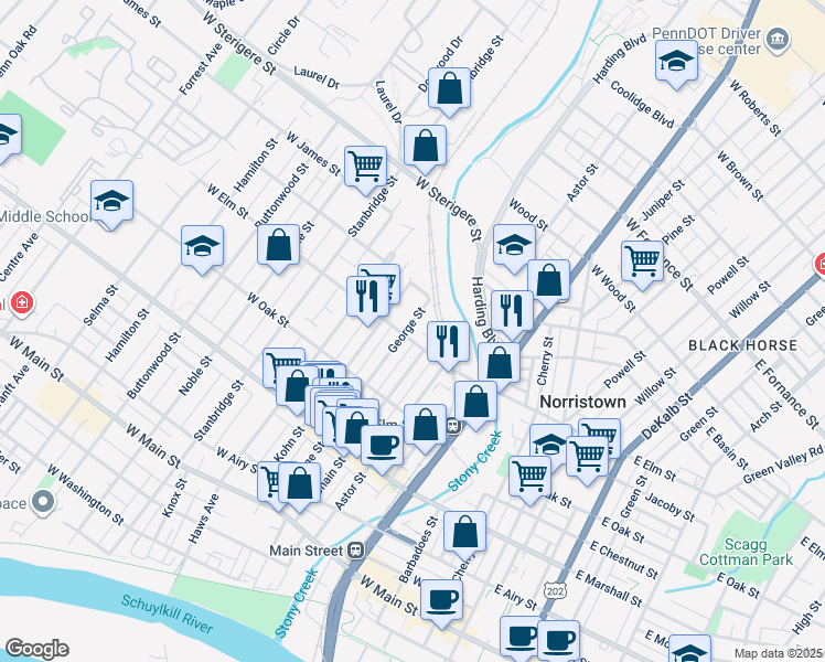 map of restaurants, bars, coffee shops, grocery stores, and more near 808 George Street in Norristown