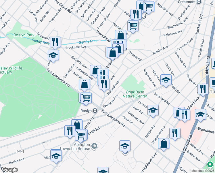 map of restaurants, bars, coffee shops, grocery stores, and more near 1211 East Avenue in Abington