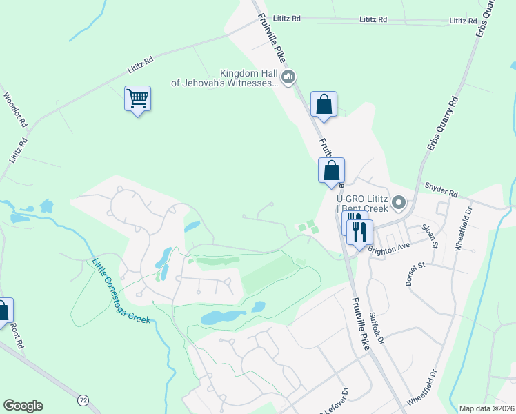 map of restaurants, bars, coffee shops, grocery stores, and more near 74 Farmview Lane in Lititz