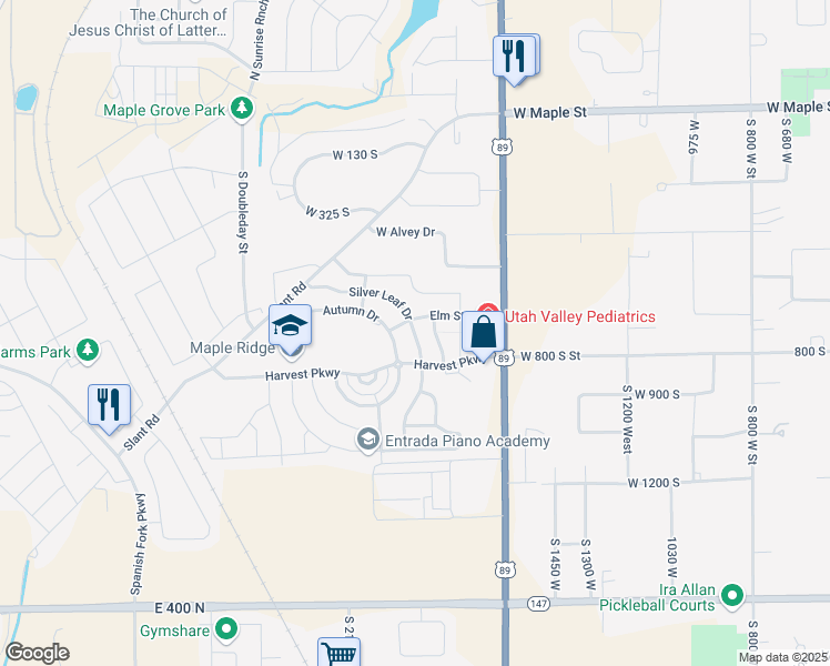 map of restaurants, bars, coffee shops, grocery stores, and more near 763 S Silver Leaf Dr in Mapleton