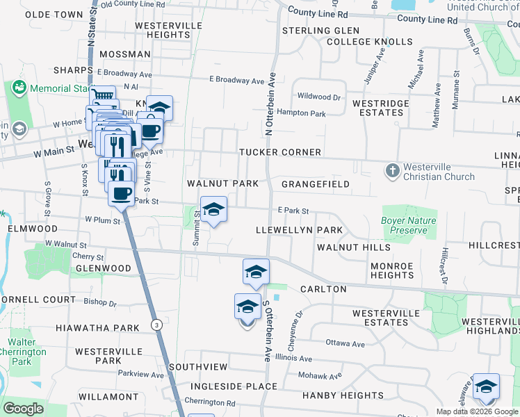 map of restaurants, bars, coffee shops, grocery stores, and more near 228 East Park Street in Westerville