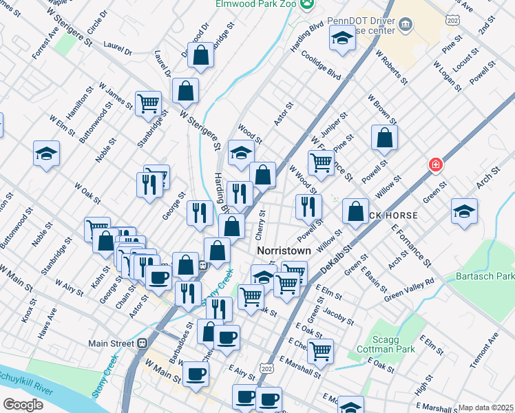 map of restaurants, bars, coffee shops, grocery stores, and more near 1138 Markley Street in Norristown