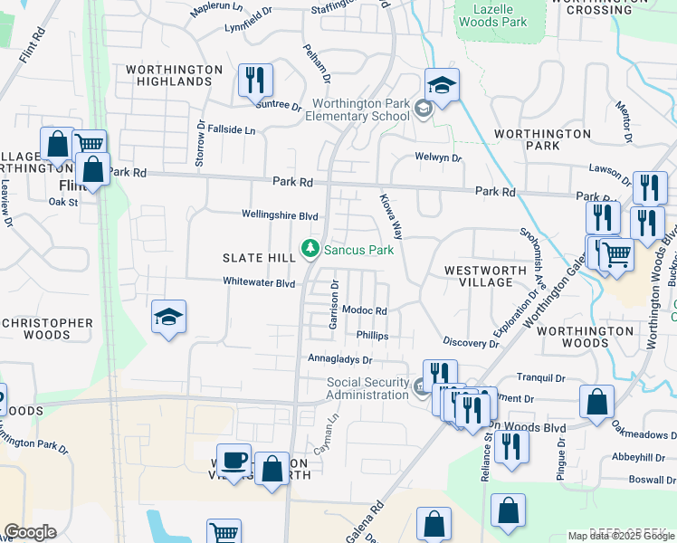 map of restaurants, bars, coffee shops, grocery stores, and more near 7742 Garrison Drive in Columbus