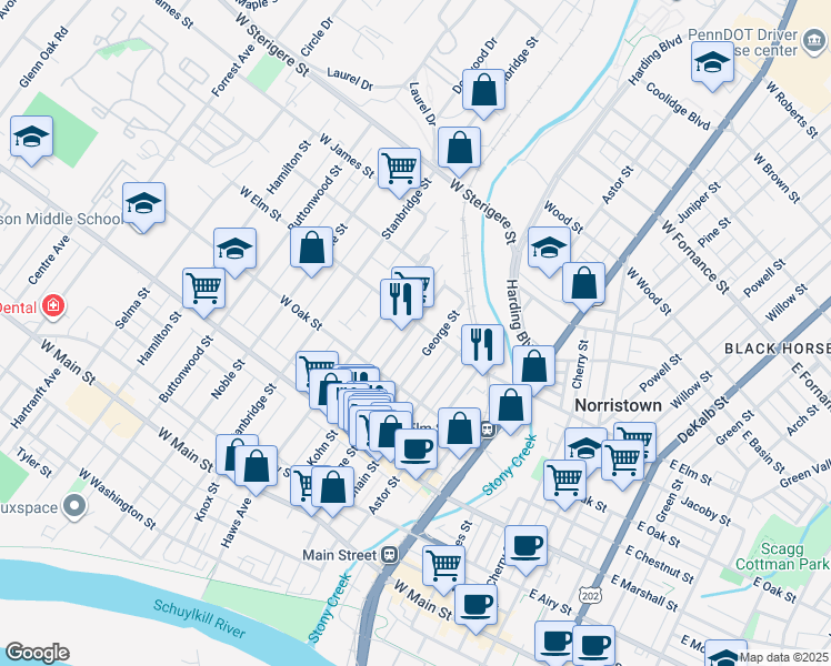 map of restaurants, bars, coffee shops, grocery stores, and more near 768 Kohn Street in Norristown