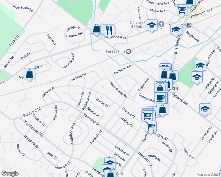 map of restaurants, bars, coffee shops, grocery stores, and more near 434 Woodhaven Terrace in Philadelphia