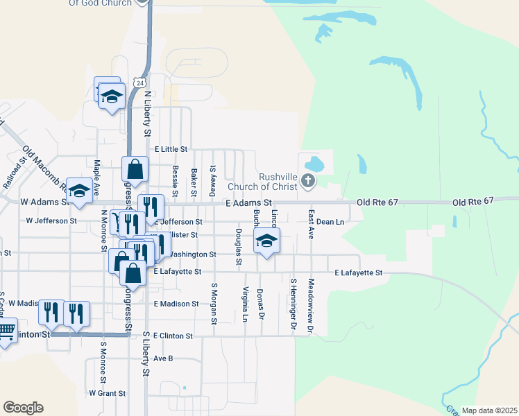 map of restaurants, bars, coffee shops, grocery stores, and more near 502 East Adams Street in Rushville
