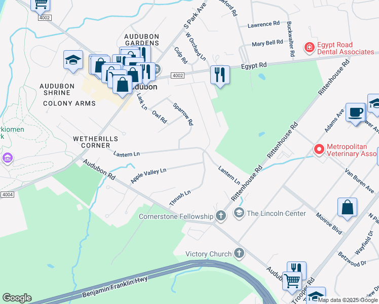 map of restaurants, bars, coffee shops, grocery stores, and more near 2732 Lantern Lane in Eagleville
