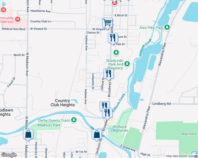 map of restaurants, bars, coffee shops, grocery stores, and more near 835 Silver Street in Anderson