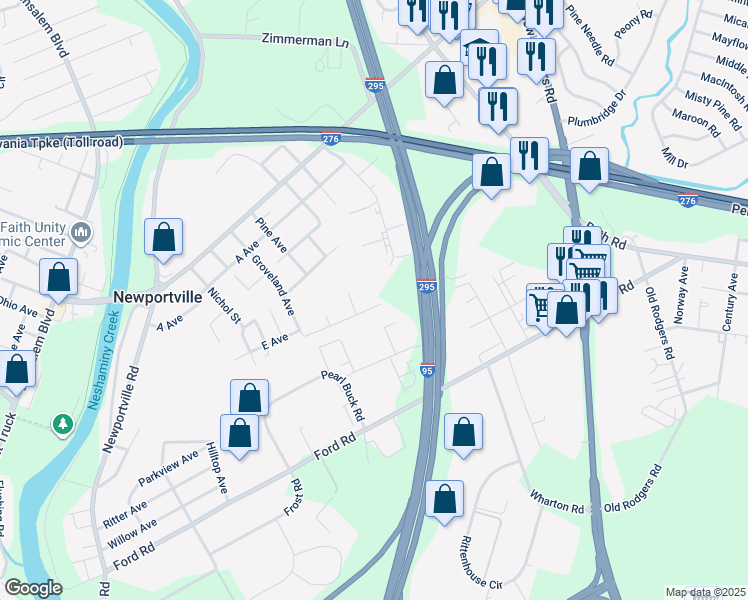 map of restaurants, bars, coffee shops, grocery stores, and more near 2815 E Avenue in Levittown