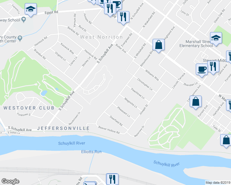 map of restaurants, bars, coffee shops, grocery stores, and more near 431 Rittenhouse Boulevard in Norristown