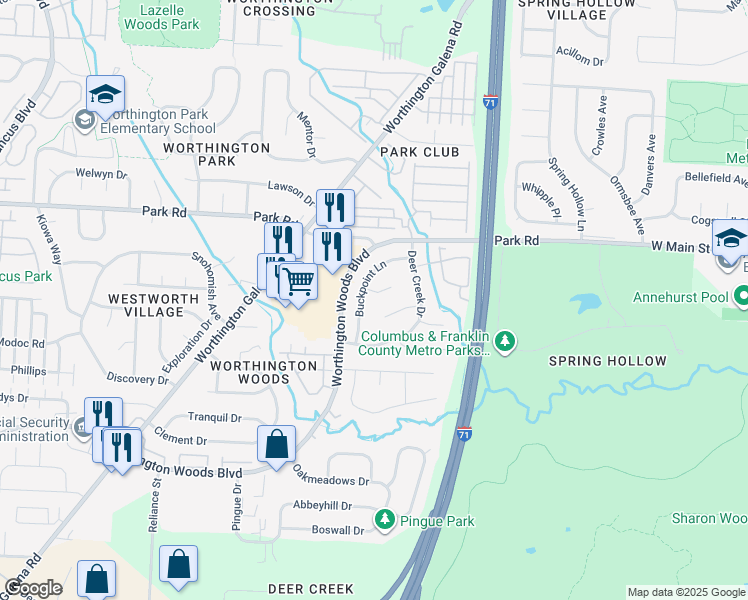 map of restaurants, bars, coffee shops, grocery stores, and more near 1483 Buck Rub Court in Worthington