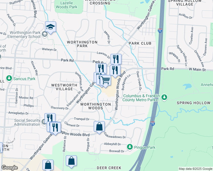 map of restaurants, bars, coffee shops, grocery stores, and more near 1425 Worthington Centre Drive in Worthington