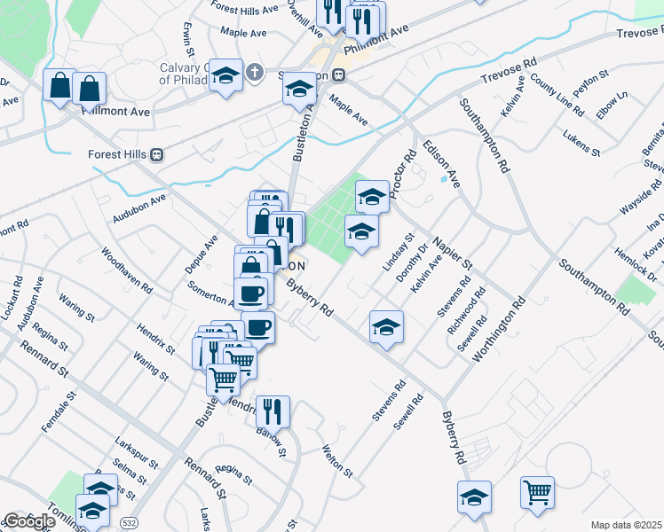 map of restaurants, bars, coffee shops, grocery stores, and more near 13070 Proctor Road in Philadelphia