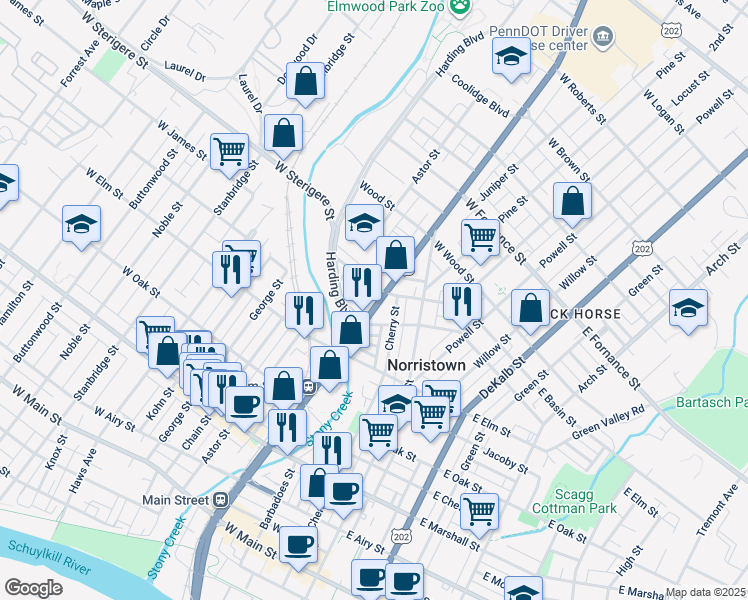 map of restaurants, bars, coffee shops, grocery stores, and more near 1129 Markley Street in Norristown