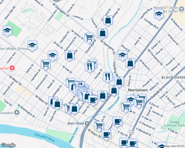 map of restaurants, bars, coffee shops, grocery stores, and more near 768 Kohn Street in Norristown