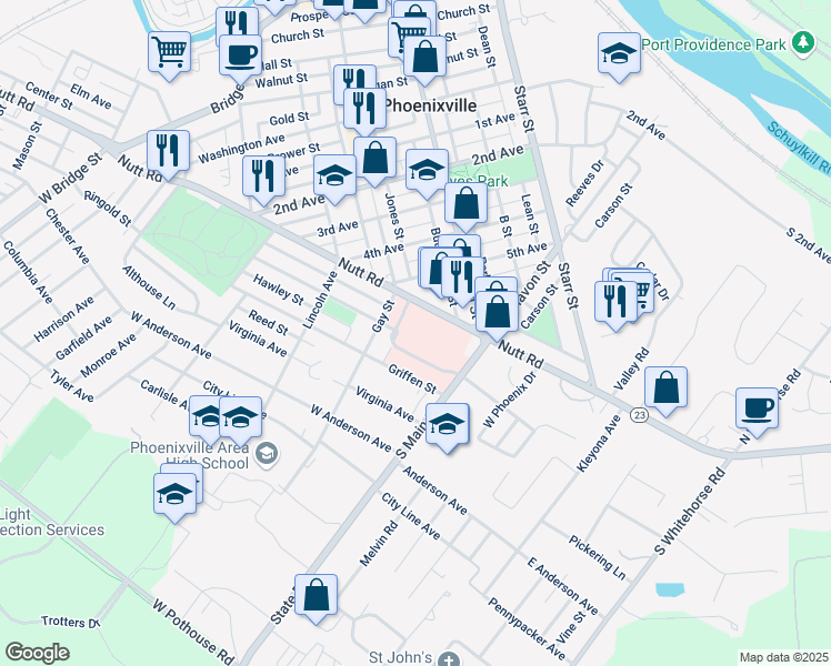 map of restaurants, bars, coffee shops, grocery stores, and more near 140 Nutt Road in Phoenixville