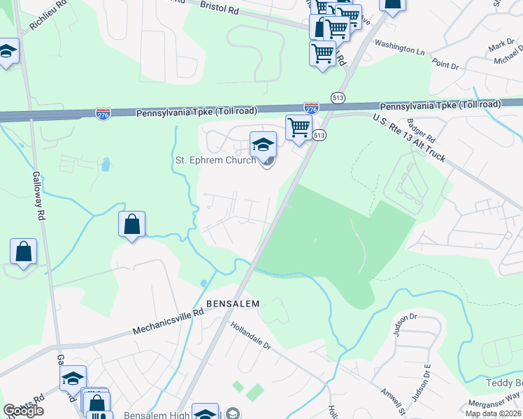 map of restaurants, bars, coffee shops, grocery stores, and more near 5118 North Hunters Court in Bensalem