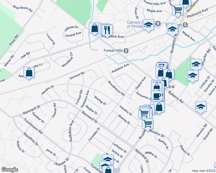 map of restaurants, bars, coffee shops, grocery stores, and more near 434 Woodhaven Terrace in Philadelphia