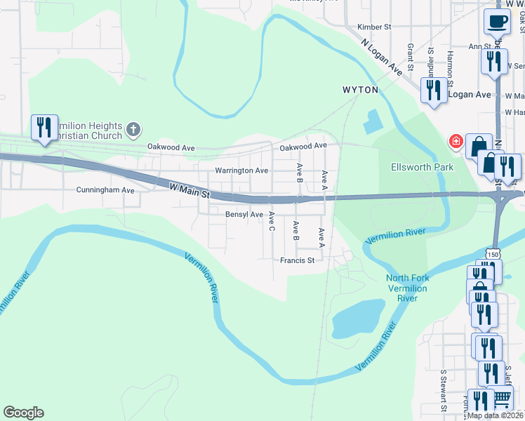 map of restaurants, bars, coffee shops, grocery stores, and more near 309 Bensyl Avenue in Danville