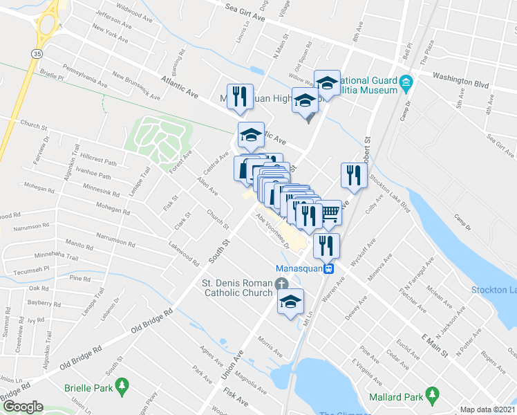 map of restaurants, bars, coffee shops, grocery stores, and more near 10 South Street in Manasquan