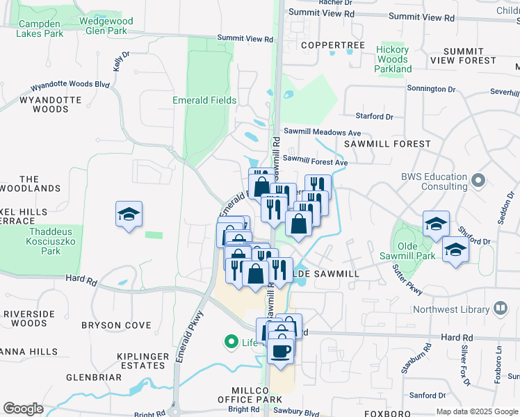 map of restaurants, bars, coffee shops, grocery stores, and more near 7717 Sawmill Road in Dublin